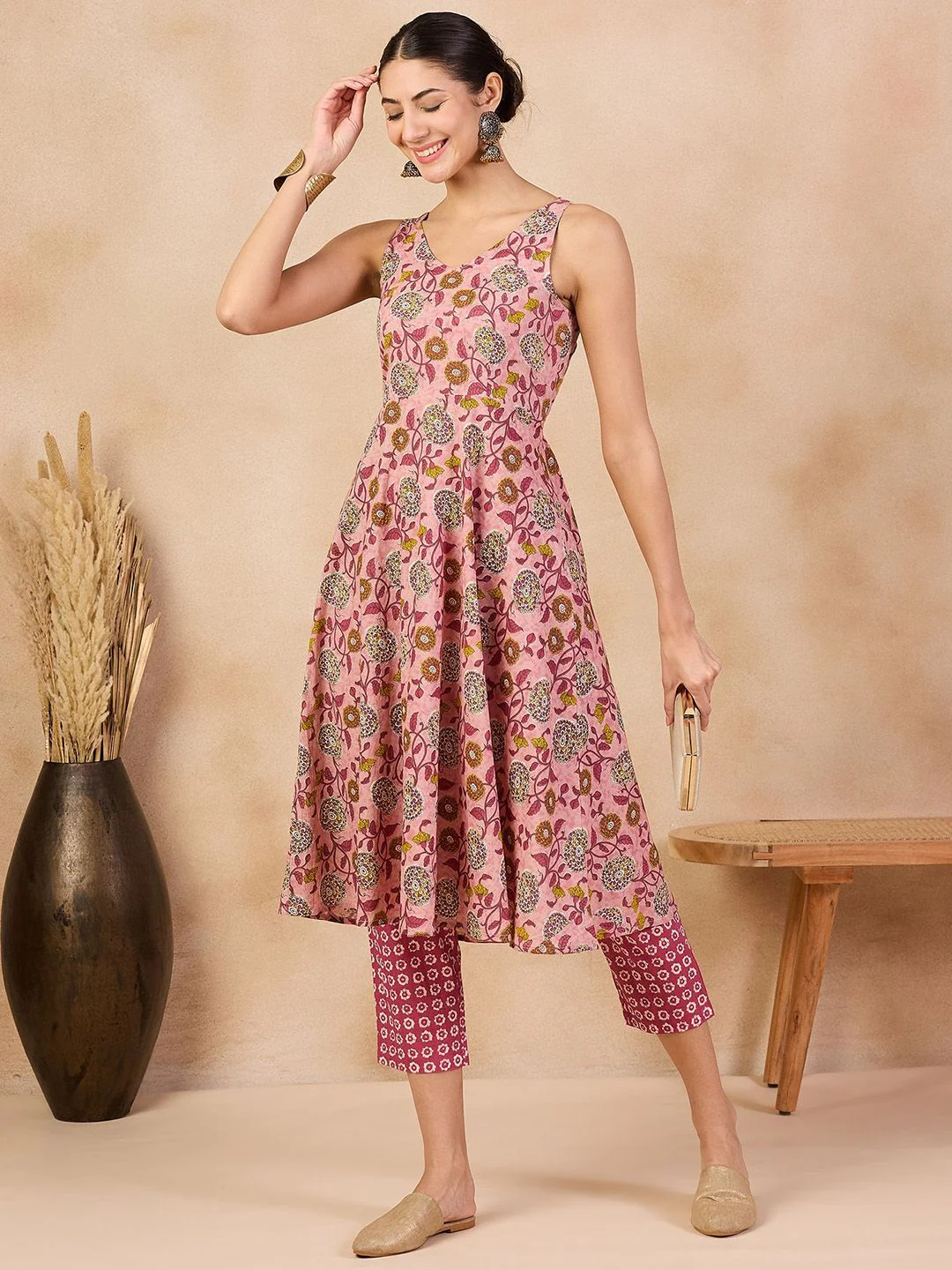 Anouk Pink Floral Printed V-Neck Regular Pure Cotton A-Line Kurta With Trousers - Image 7