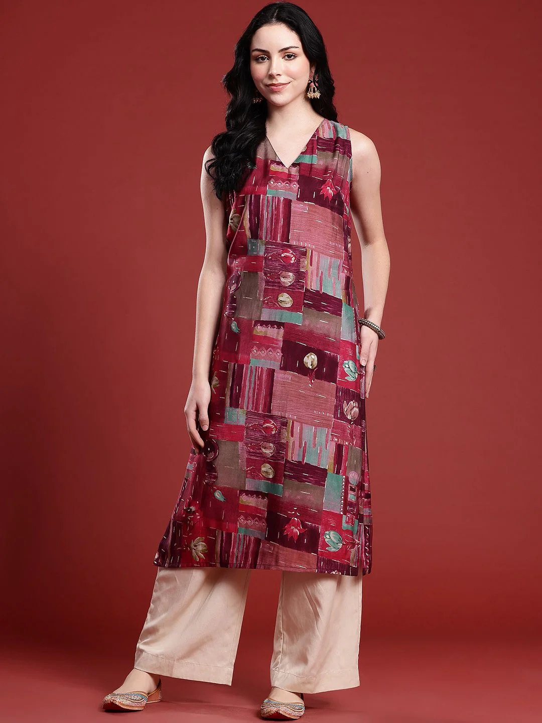 Anouk Printed V-Neck Straight Kurta - Image 4