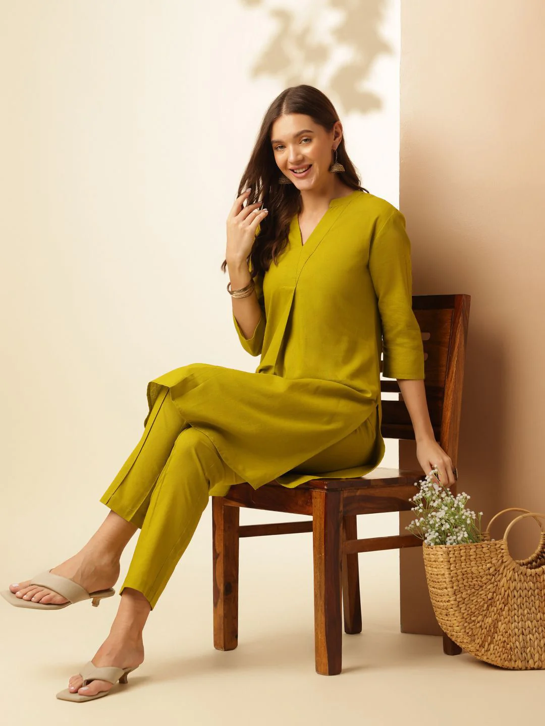 Anouk Pure Cotton Pleated Straight Kurta & Trouser