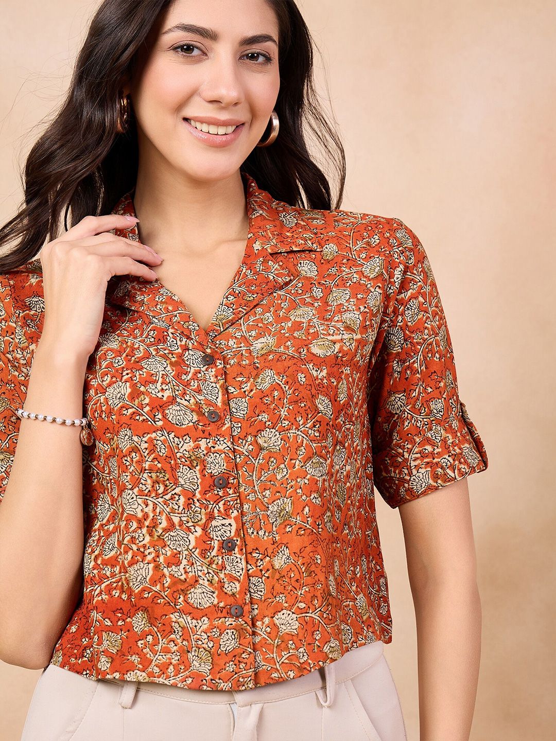 Anouk Rust Floral Print Cotton Shirt Style Top - Image 3