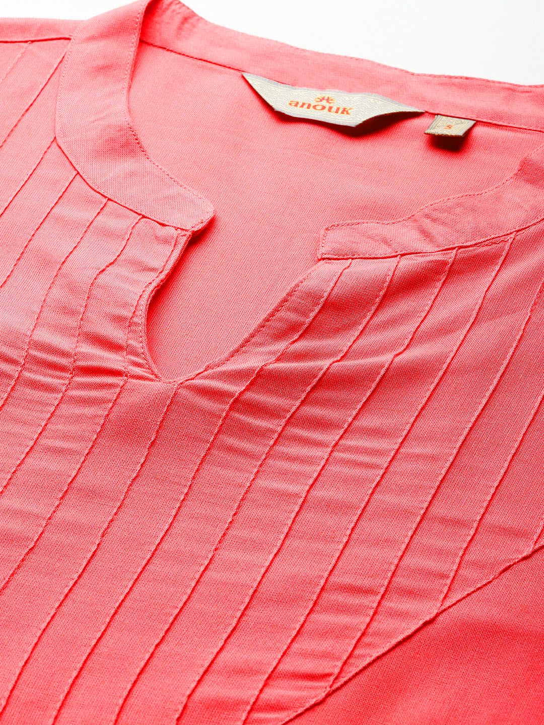 Anouk Self-Striped Band Collar Calf Length Straight Kurta - Image 2