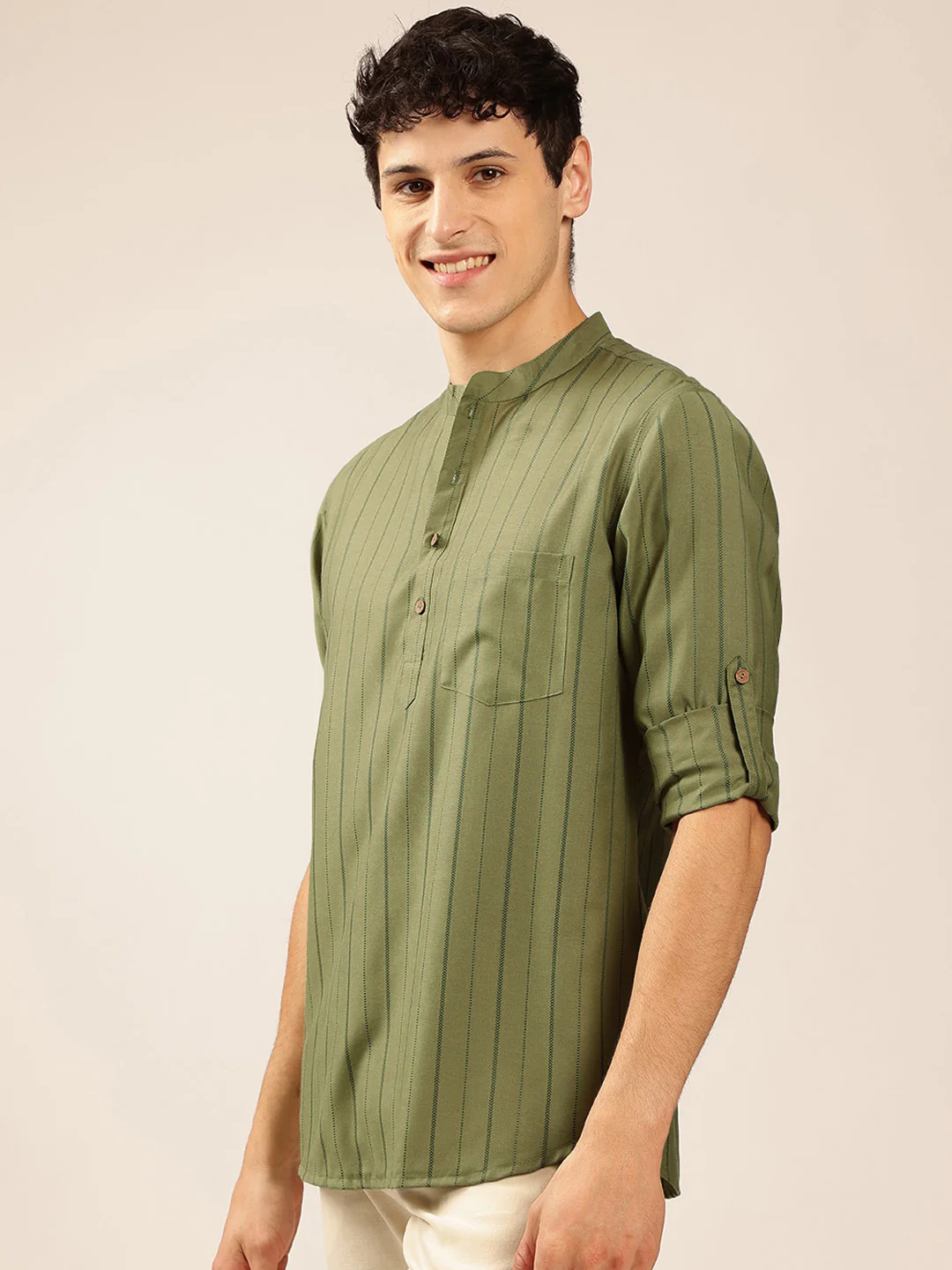 Anouk Striped Mandarin Collar Roll-Up Sleeves Short Kurta - Image 3