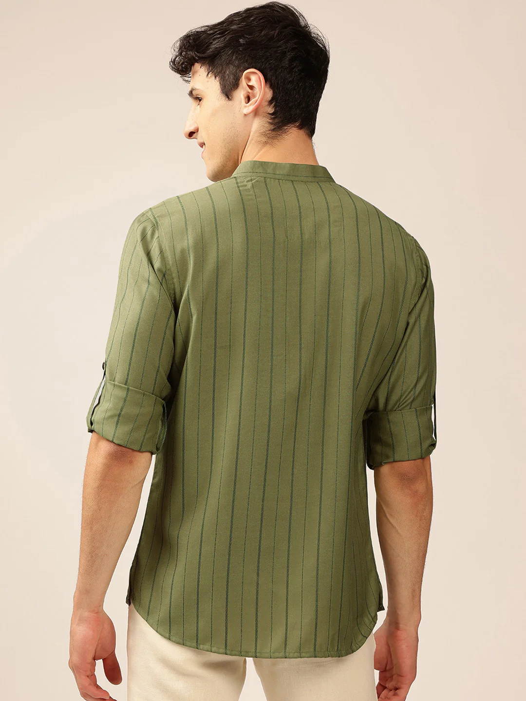Anouk Striped Mandarin Collar Roll-Up Sleeves Short Kurta - Image 4
