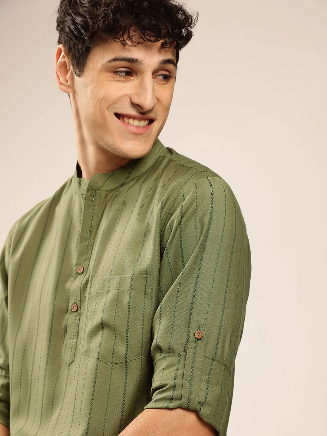 Anouk Striped Mandarin Collar Roll-Up Sleeves Short Kurta - Image 7
