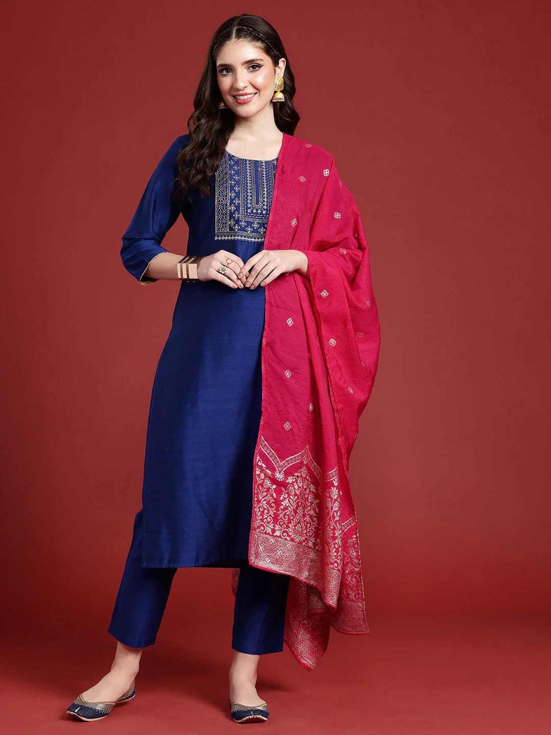 Anouk Women Ethnic Motifs Yoke Design Thread Work Kurta with Trousers & With Dupatta - Image 4