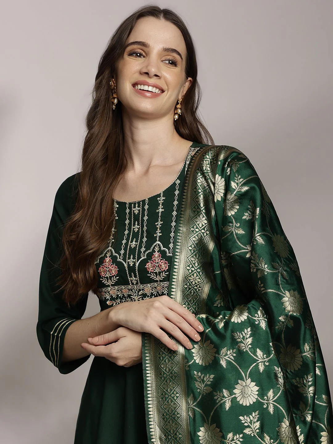 Anouk Women Floral Embroidered Pleated Kurta with Trousers & Dupatta - Image 2