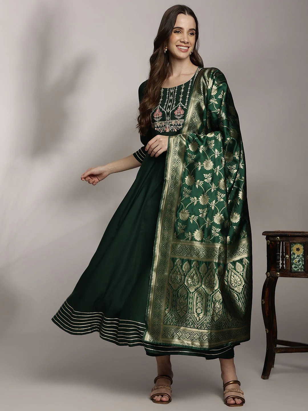 Anouk Women Floral Embroidered Pleated Kurta with Trousers & Dupatta - Image 4