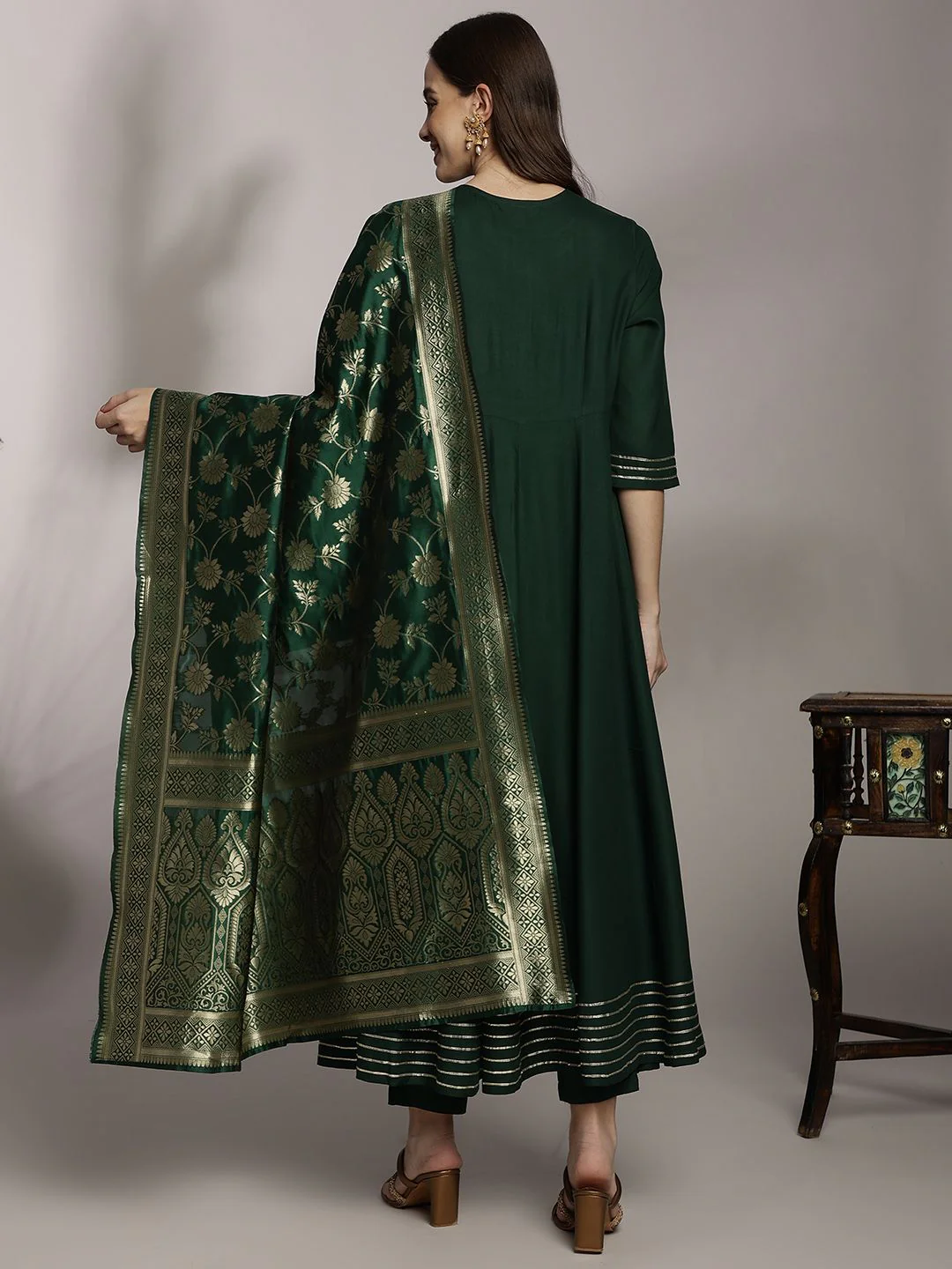 Anouk Women Floral Embroidered Pleated Kurta with Trousers & Dupatta - Image 7