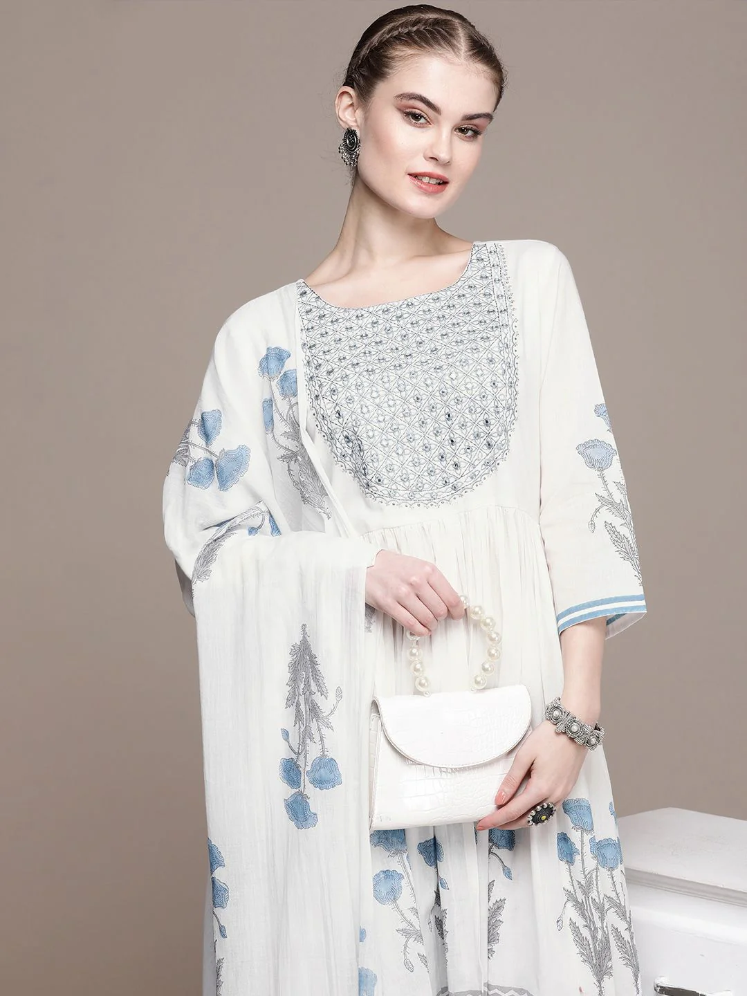 Anouk Women Floral Yoke Design Regular Mirror Work Cotton Kurta with Trousers & Dupatta
