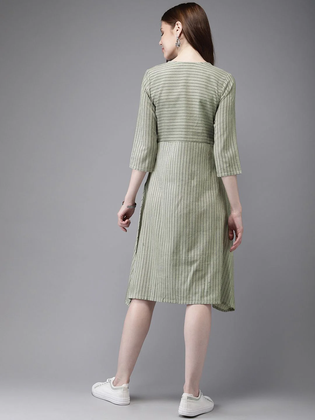 Anouk Women Olive Green & Off-White Printed A-Line Fusion Kurta - Image 4