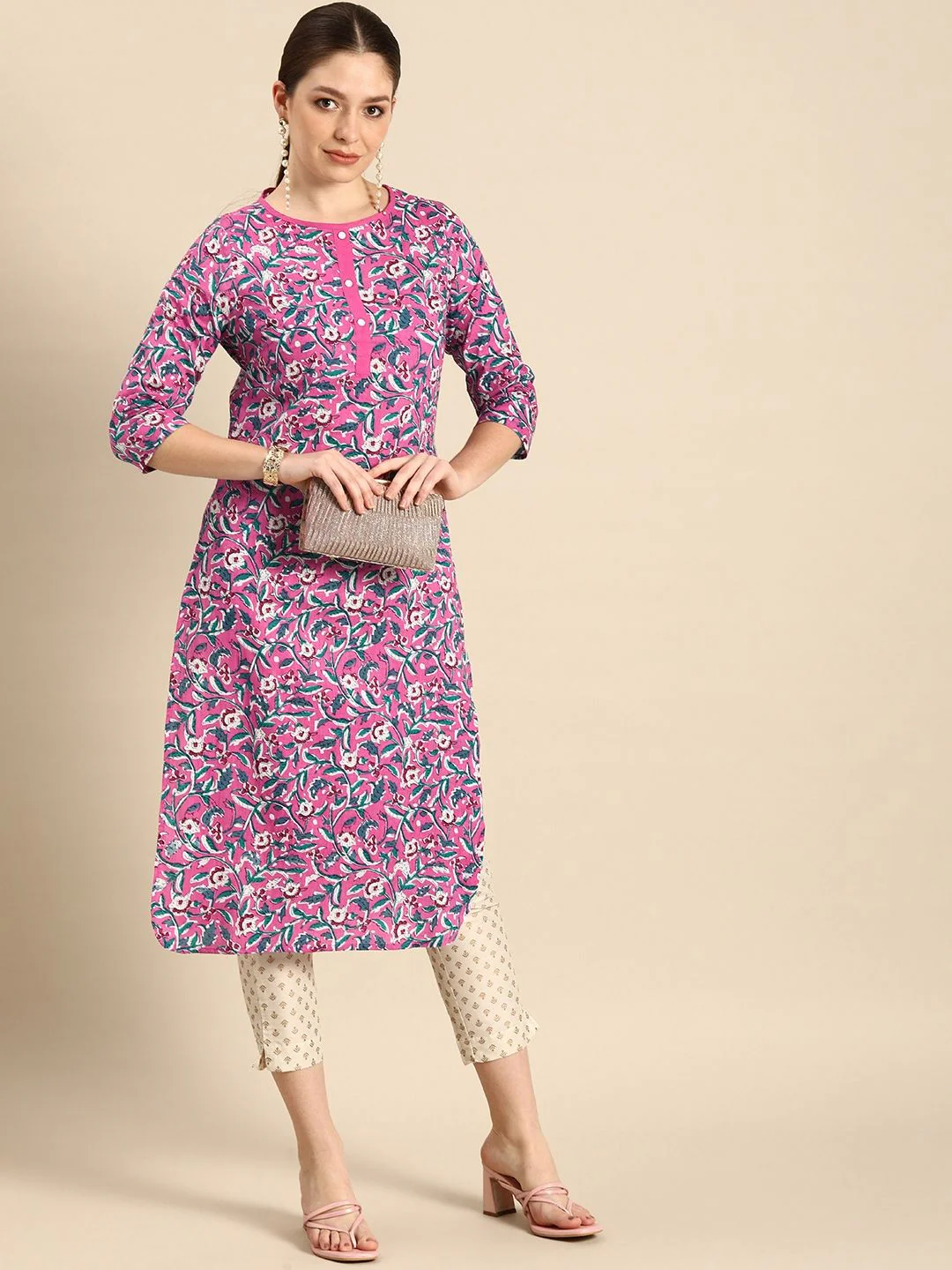 Anouk Women Pink Floral Printed Pure Cotton Straight Kurta - Image 6