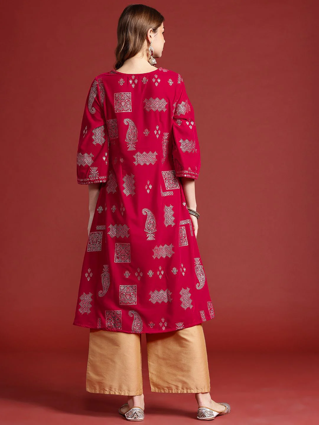 Anouk Women Tyohar Collection Ethnic Motifs Printed Thread Work Velvet Finish A-Line Kurta - Image 4
