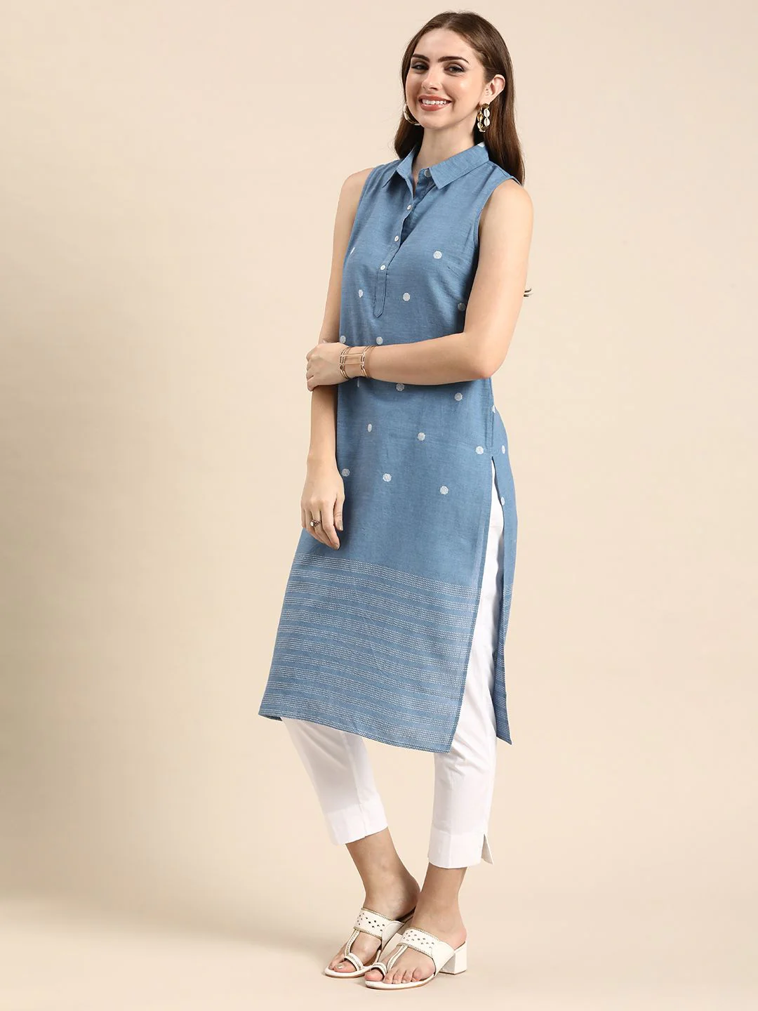 Anouk Woven Design Shirt Collar Pure Cotton Kurta - Image 3