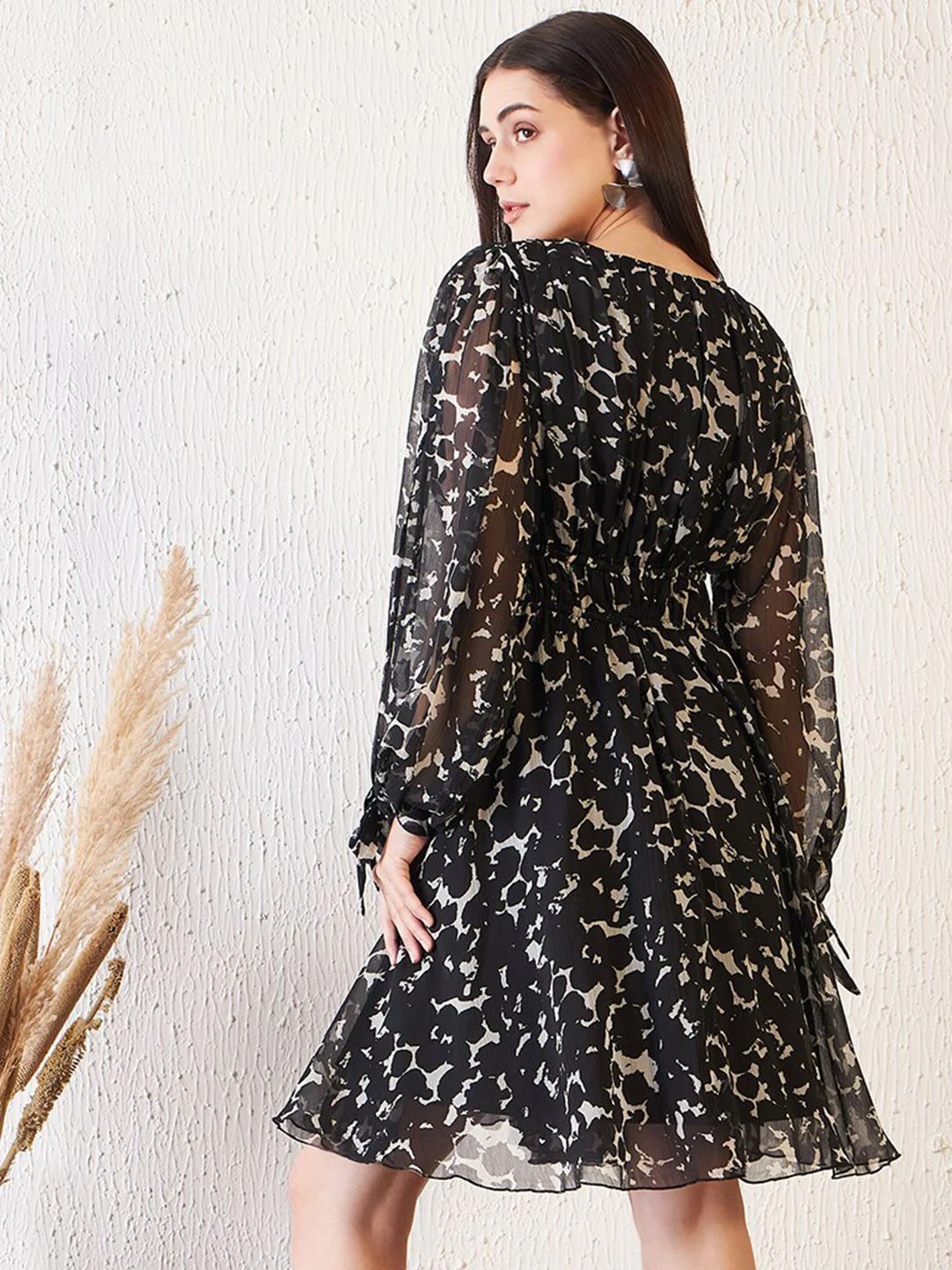Antheaa Black Abstract Printed Slit Sleeves Embellished Empire Dress - Image 5