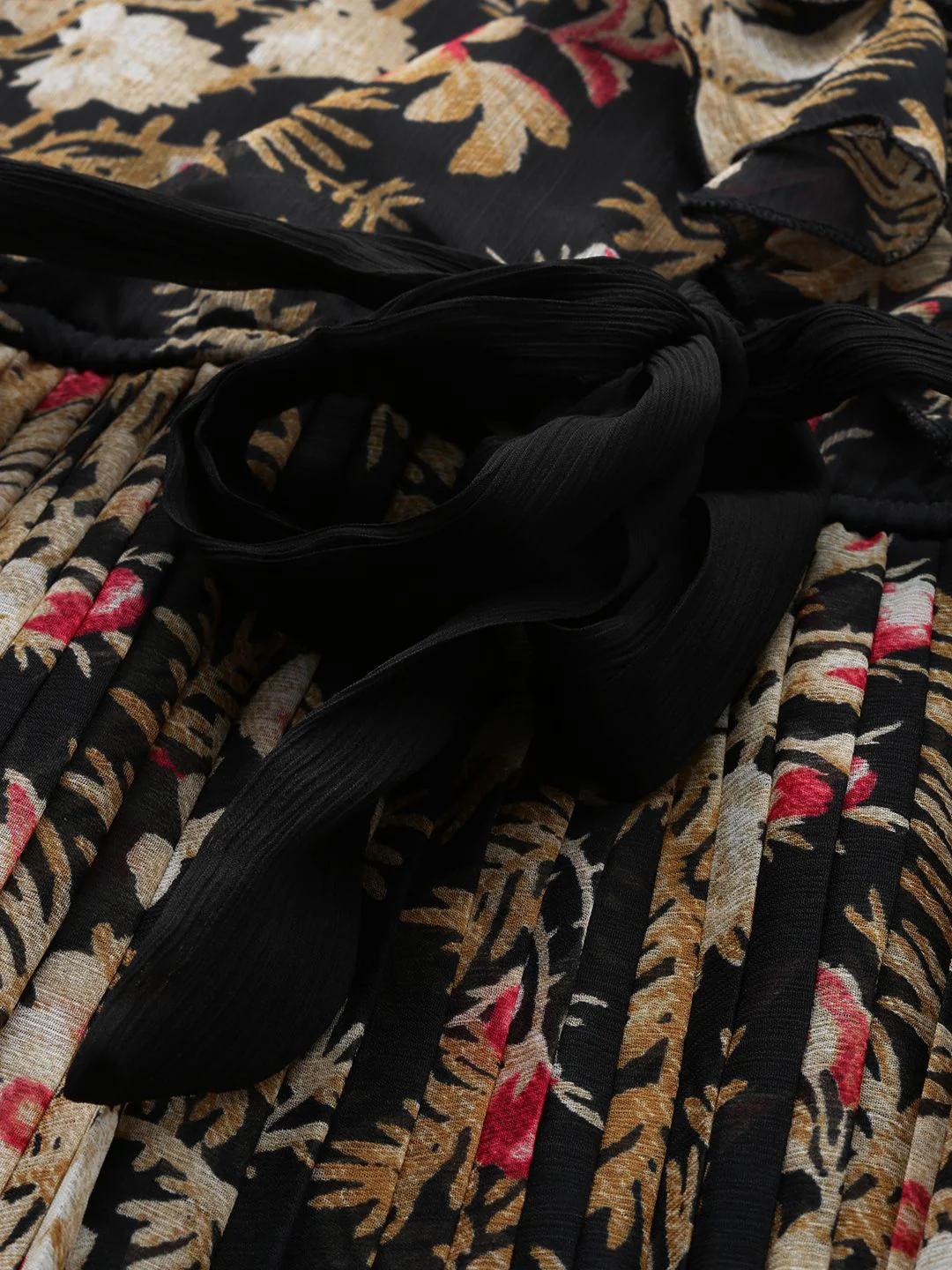 Antheaa Black & Beige Floral Printed Accordion Pleated Wrap Dress With Belt - Image 2
