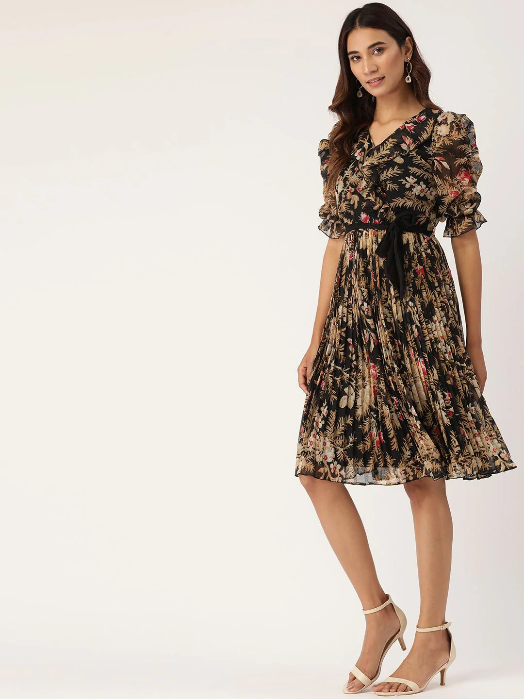 Antheaa Black & Beige Floral Printed Accordion Pleated Wrap Dress With Belt - Image 3