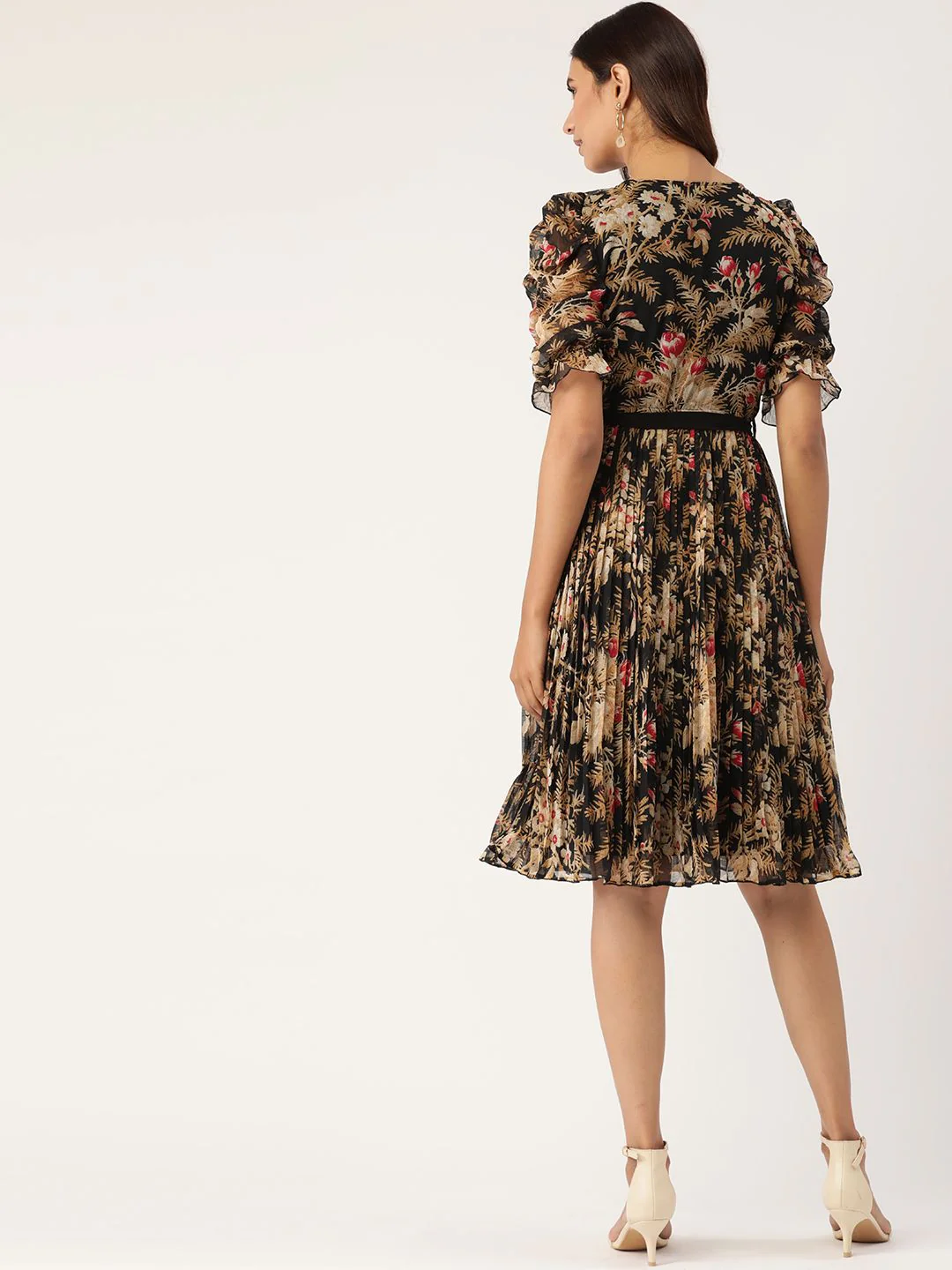 Antheaa Black & Beige Floral Printed Accordion Pleated Wrap Dress With Belt - Image 5