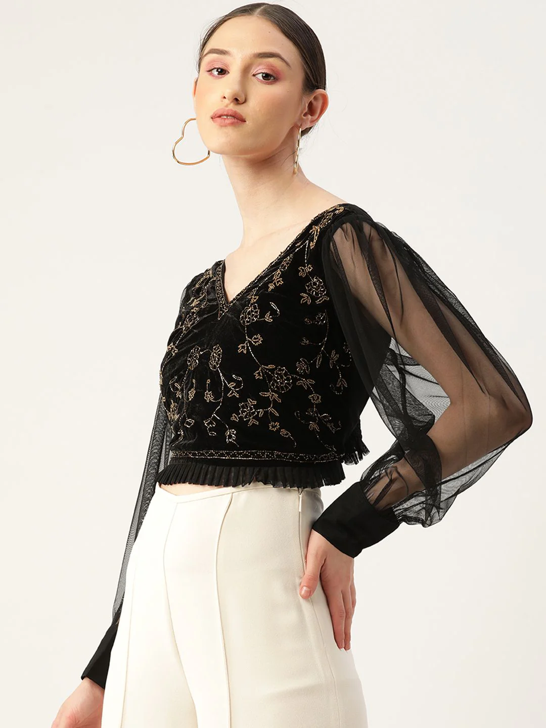 Antheaa Black Embellished Velvet Crop Top - Image 3