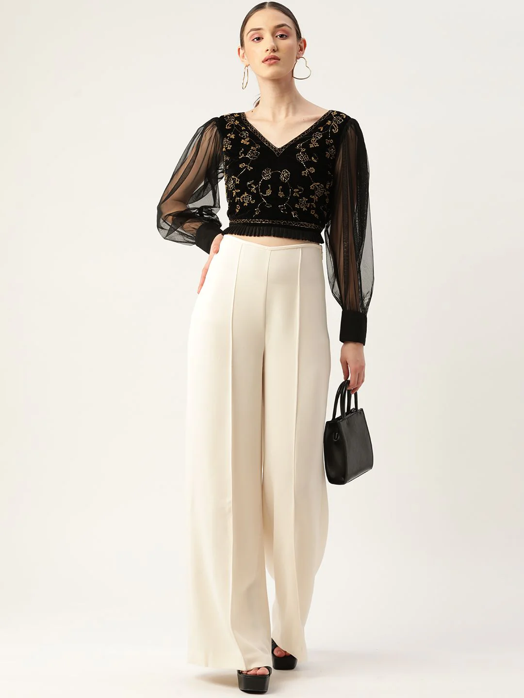 Antheaa Black Embellished Velvet Crop Top - Image 4