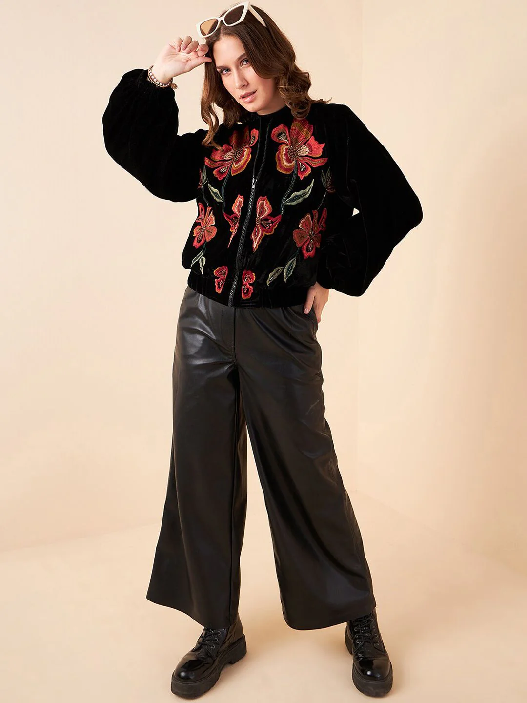Antheaa Black Floral Embroidered Mock Collar Velvet Tailored Jacket - Image 4