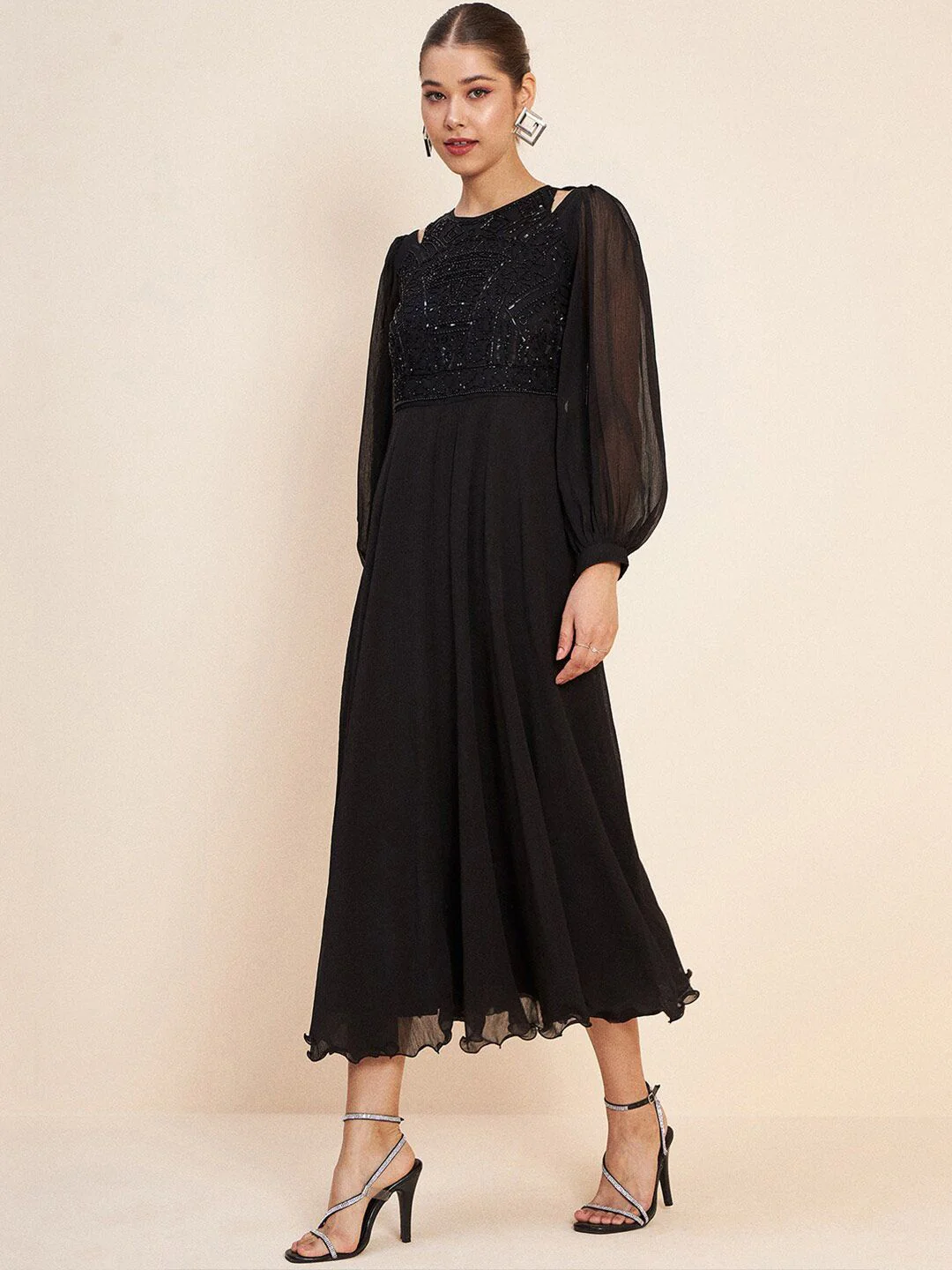 Antheaa Black Puff Sleeve Embellished Detail Fit & Flare Dress - Image 3