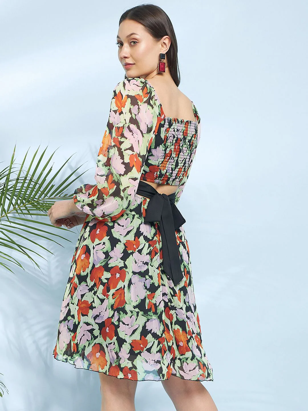 Antheaa Black Round Neck Floral Printed Chiffon Corset Fit & Flare Dress - Image 5