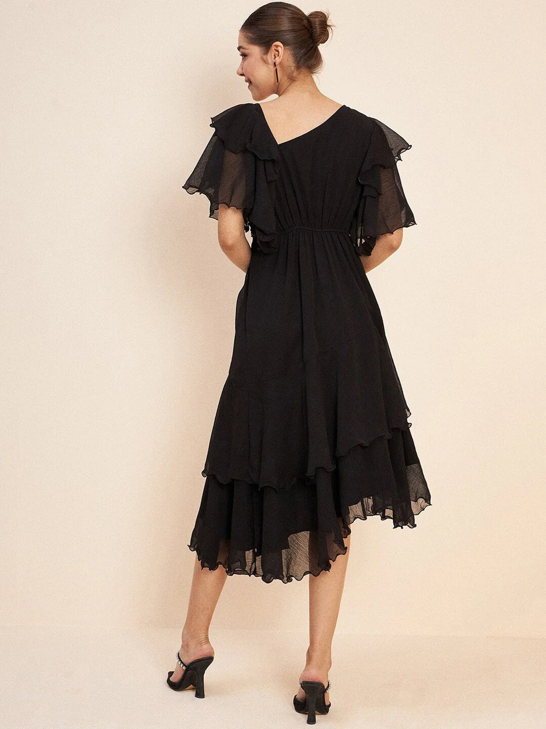 Antheaa Black V-Neck Flutter Sleeve Embellished Detail Fit & Flare Dress - Image 5