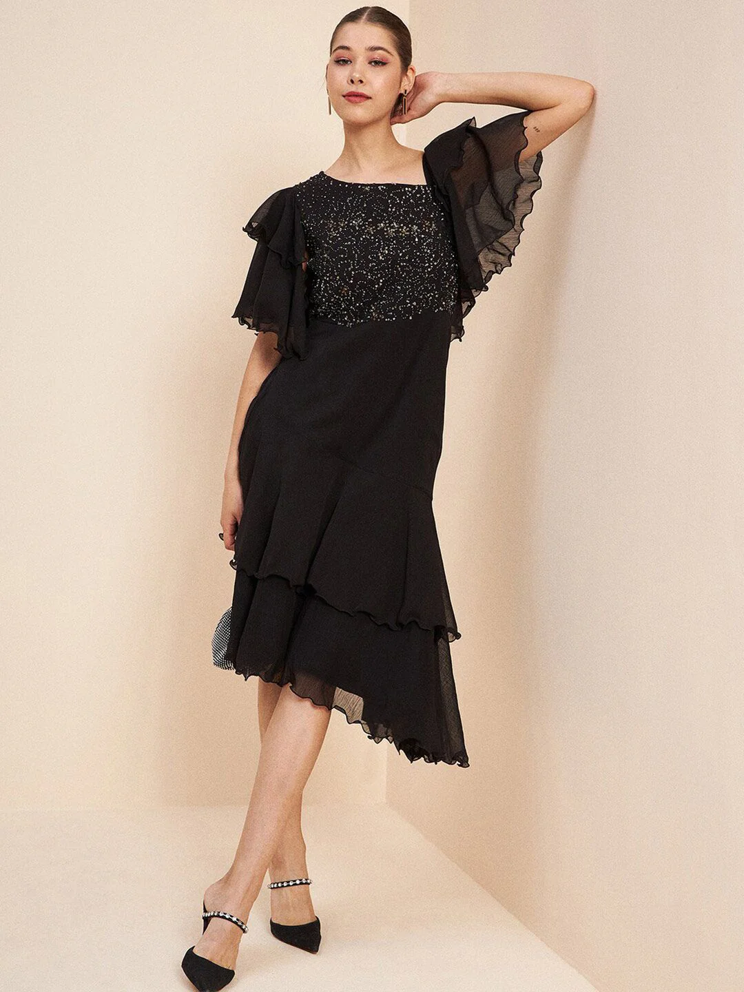 Antheaa Black V-Neck Flutter Sleeve Embellished Detail Fit & Flare Dress - Image 6