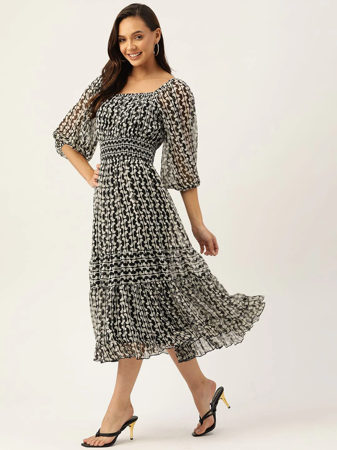 Antheaa Black & White Chiffon Printed Tiered Midi Dress - Image 3