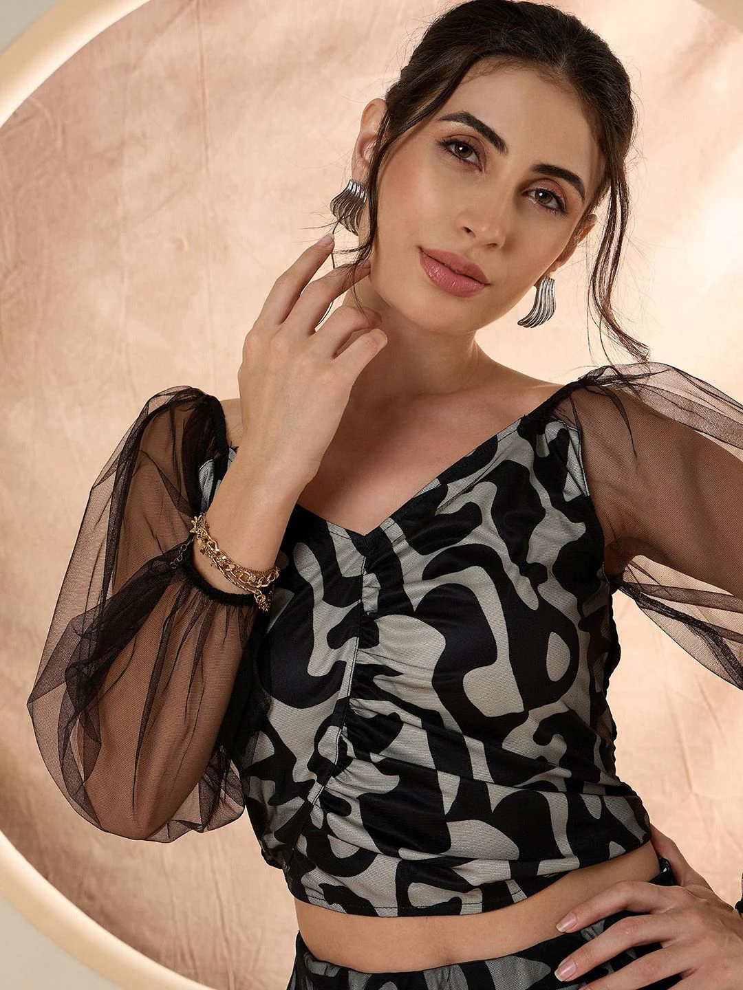 Antheaa Black & White Printed Top With Frilled Skirt - Image 2