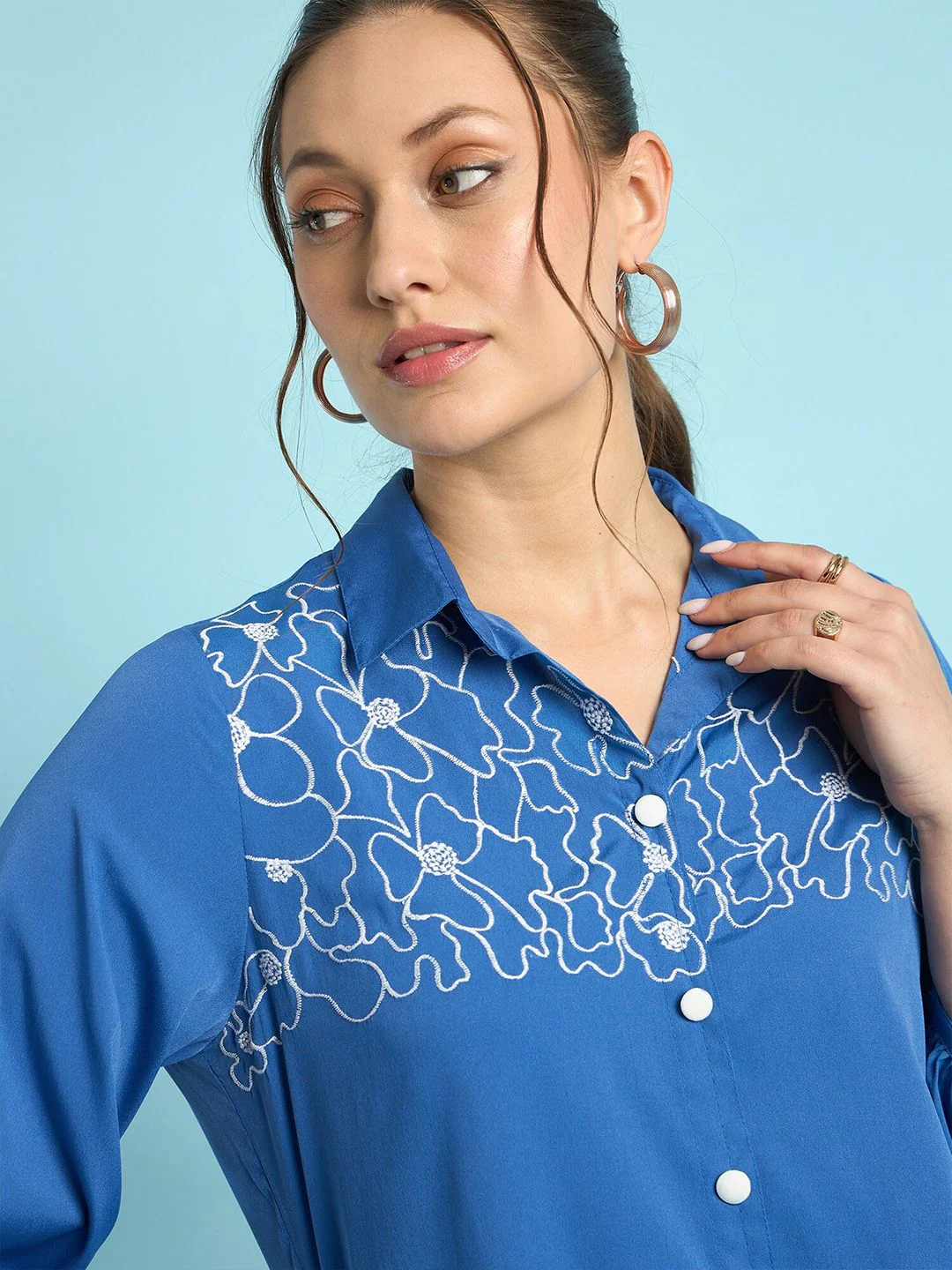 Antheaa Floral Embroidered Puff Sleeves Shirt Style Top - Image 2