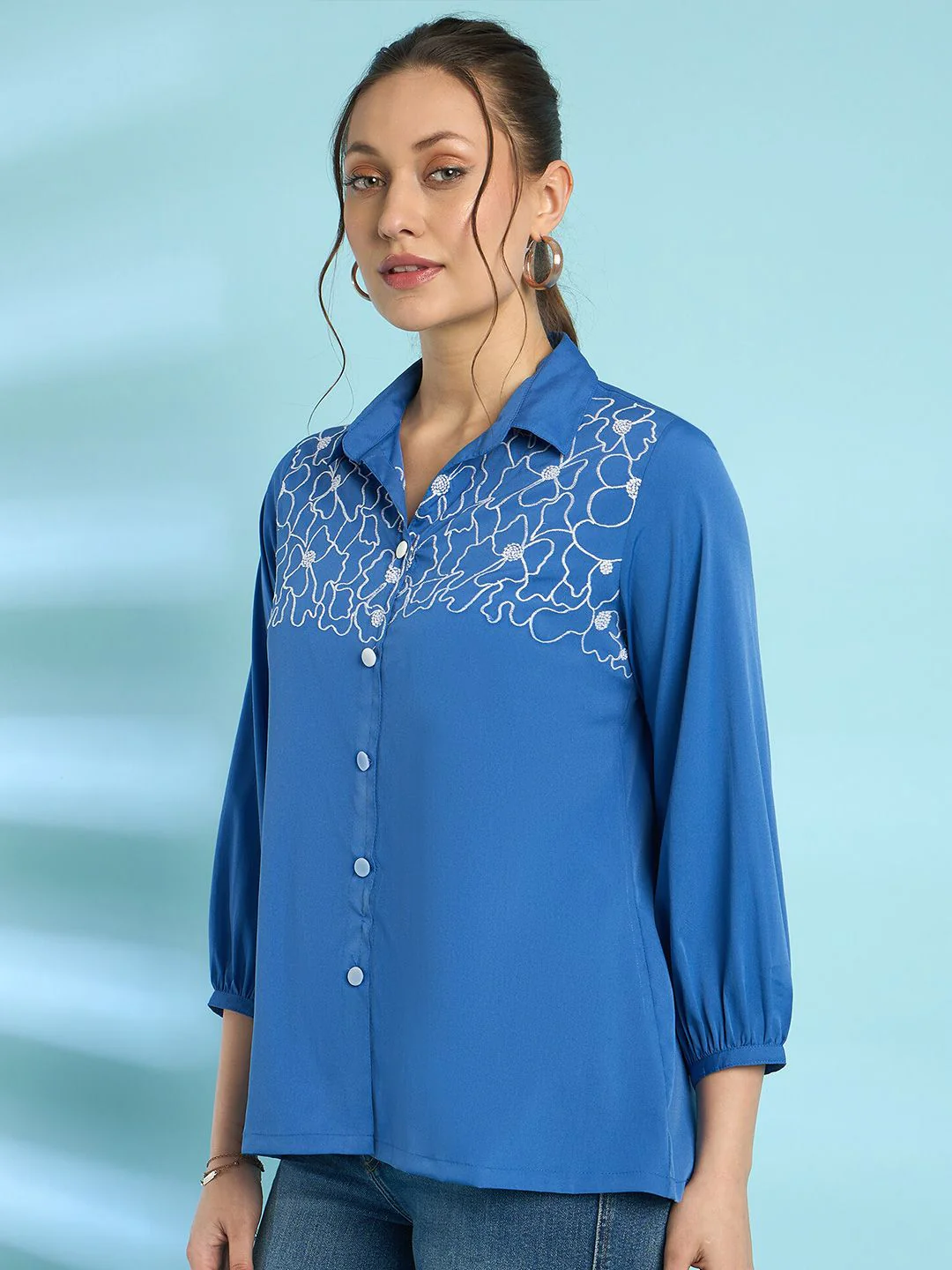 Antheaa Floral Embroidered Puff Sleeves Shirt Style Top - Image 3