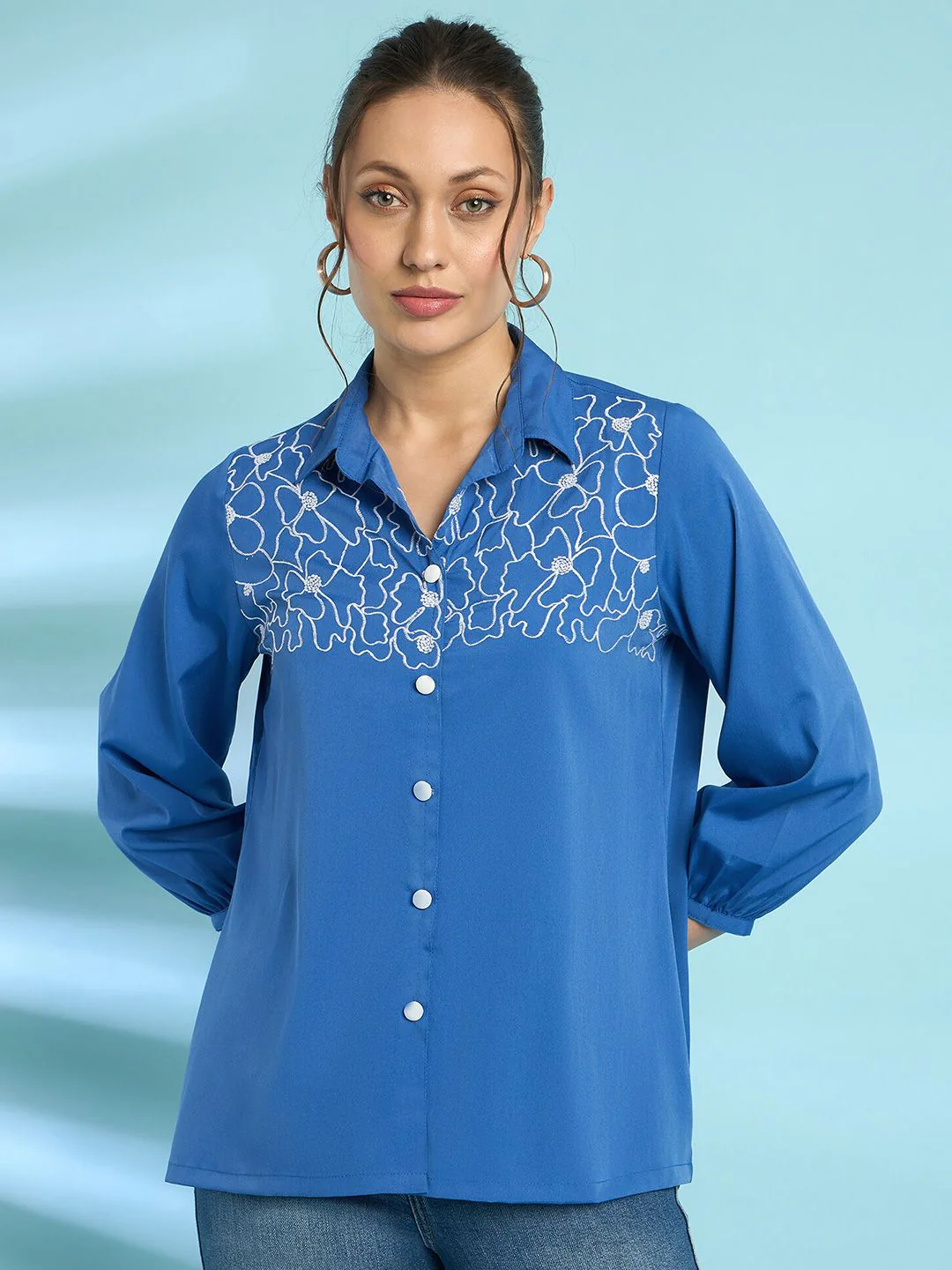 Antheaa Floral Embroidered Puff Sleeves Shirt Style Top - Image 6