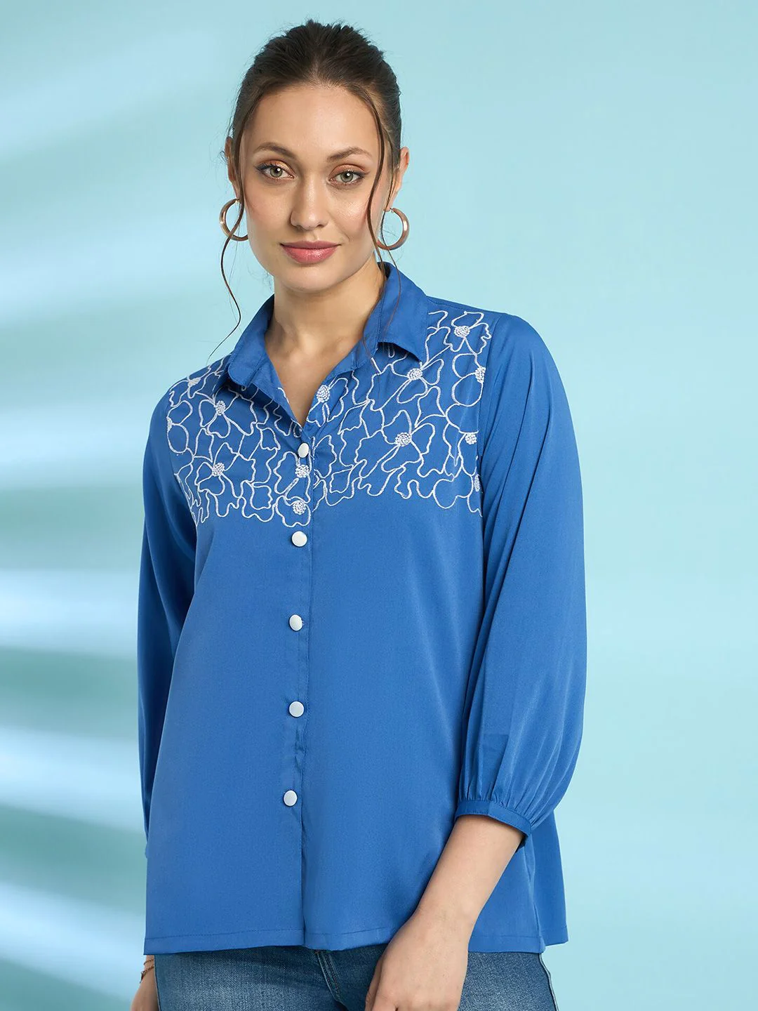 Antheaa Floral Embroidered Puff Sleeves Shirt Style Top - Image 7