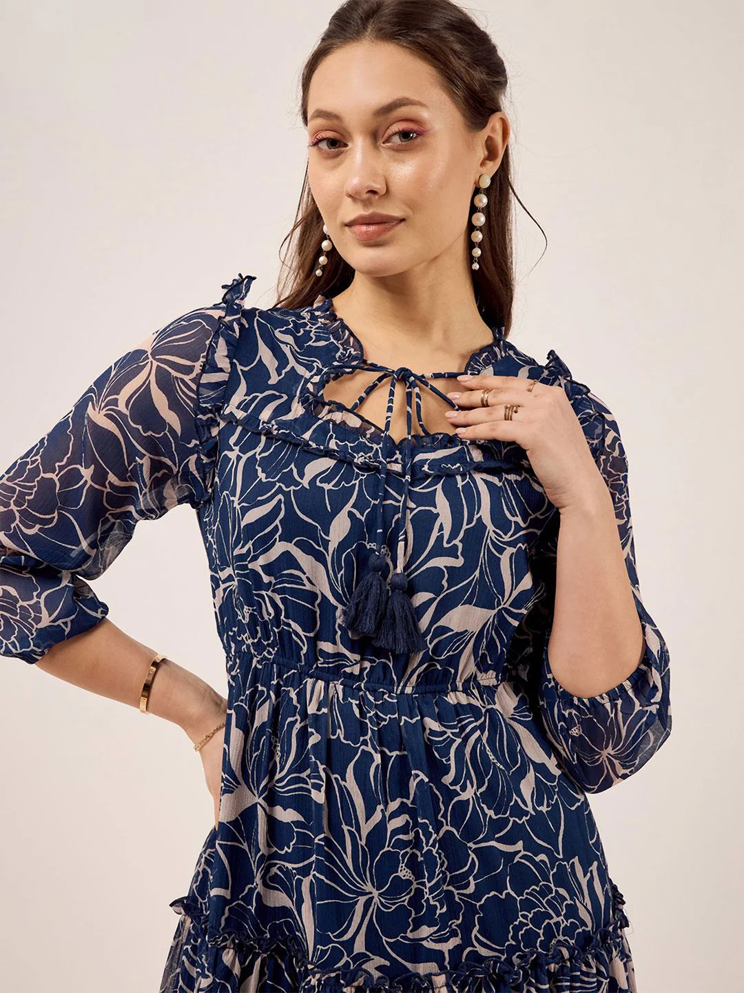 Antheaa Blue Floral Print Tie-Up Neck Cuffed Sleeves Fit & Flare Dress - Image 2