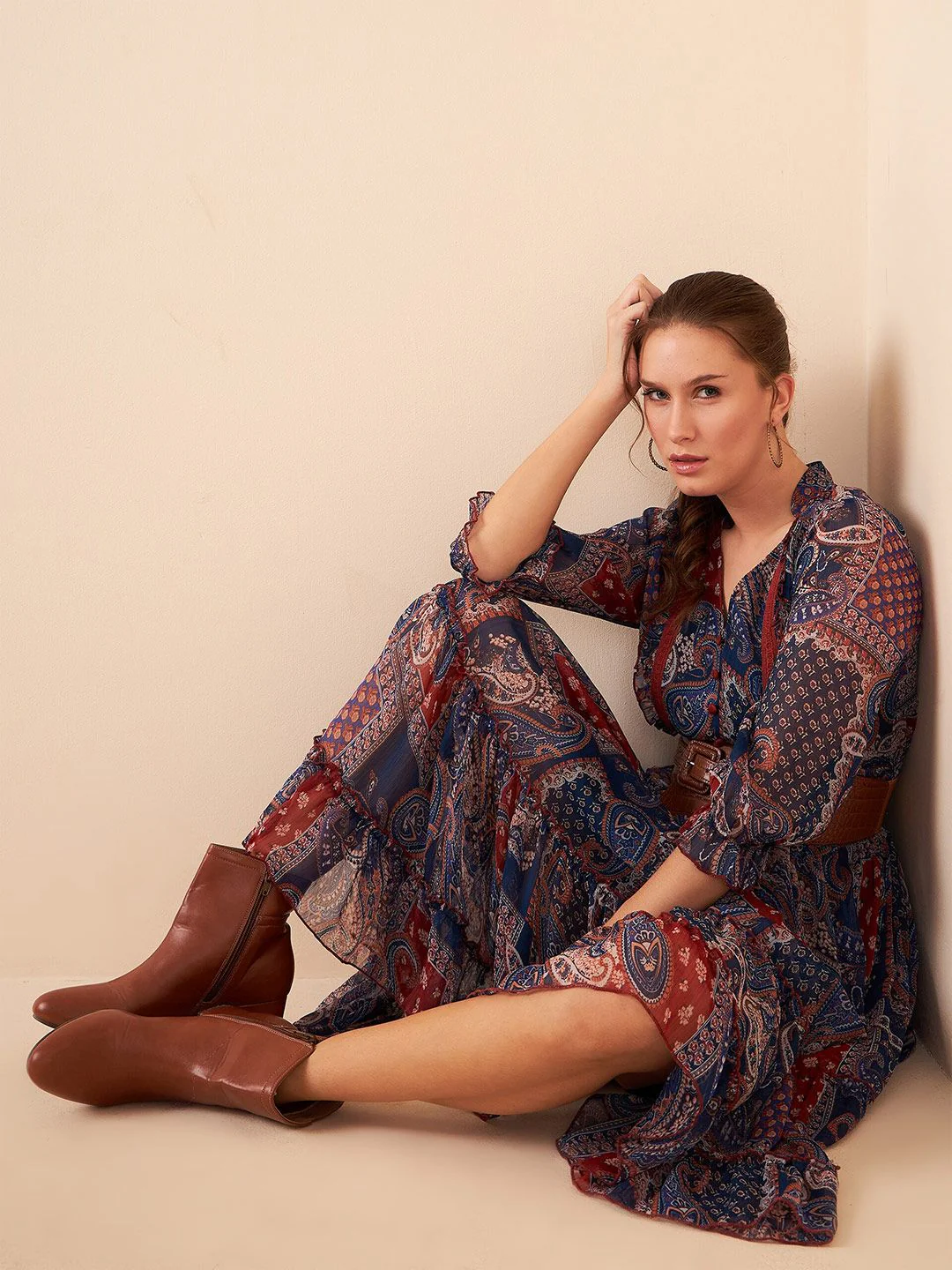 Antheaa Blue Floral Printed Puff Sleeves Chiffon Lace Inserts Tiered A-Line Midi Dress - Image 6