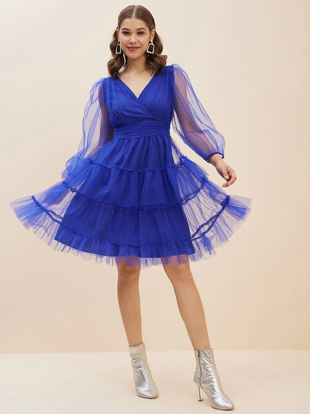 Antheaa Blue Puff Sleeve Net Fit & Flare Dress - Image 4