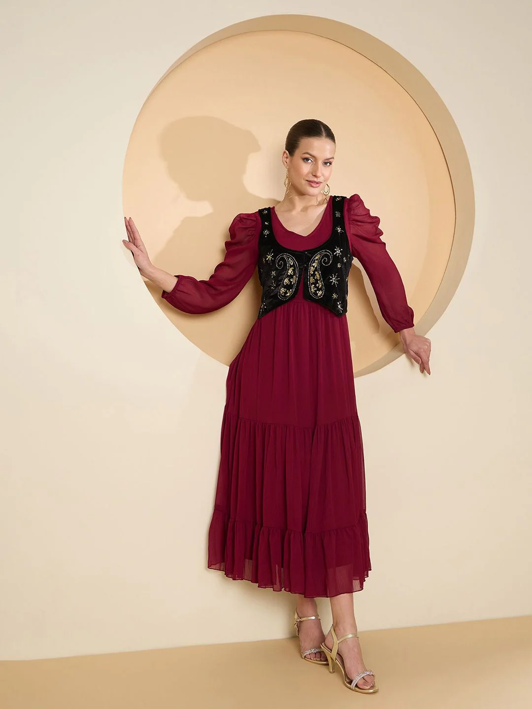 Antheaa Chiffon Maxi Dress With Embellished Shrug - Image 4