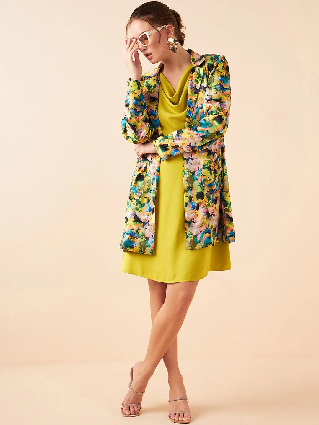 Antheaa Cowl Neck A-Line Dress With Printed Jacket - Image 4