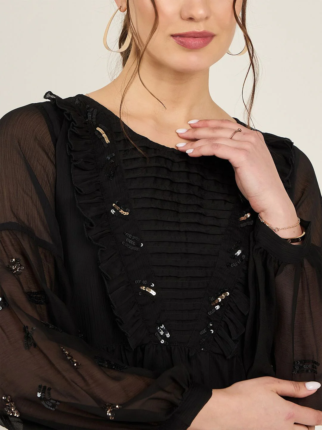 Antheaa Sequined Cuffed Sleeves A-Line Top with Pleated Detail - Image 2