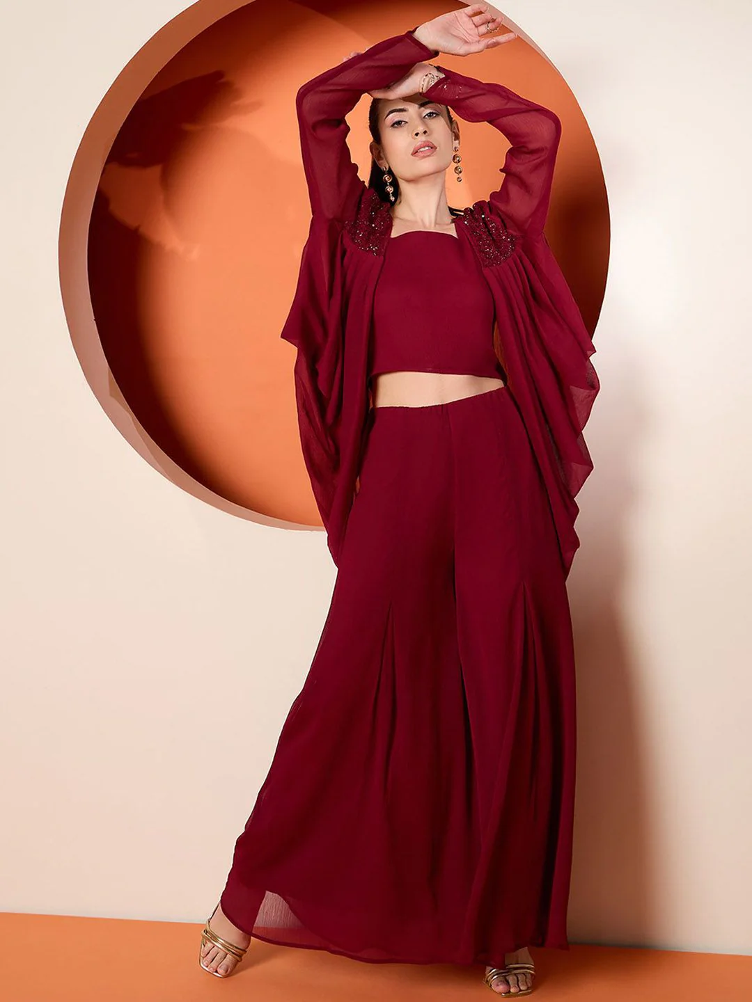 Antheaa Embellished Crop Top & Palazzo With Shrug - Image 6