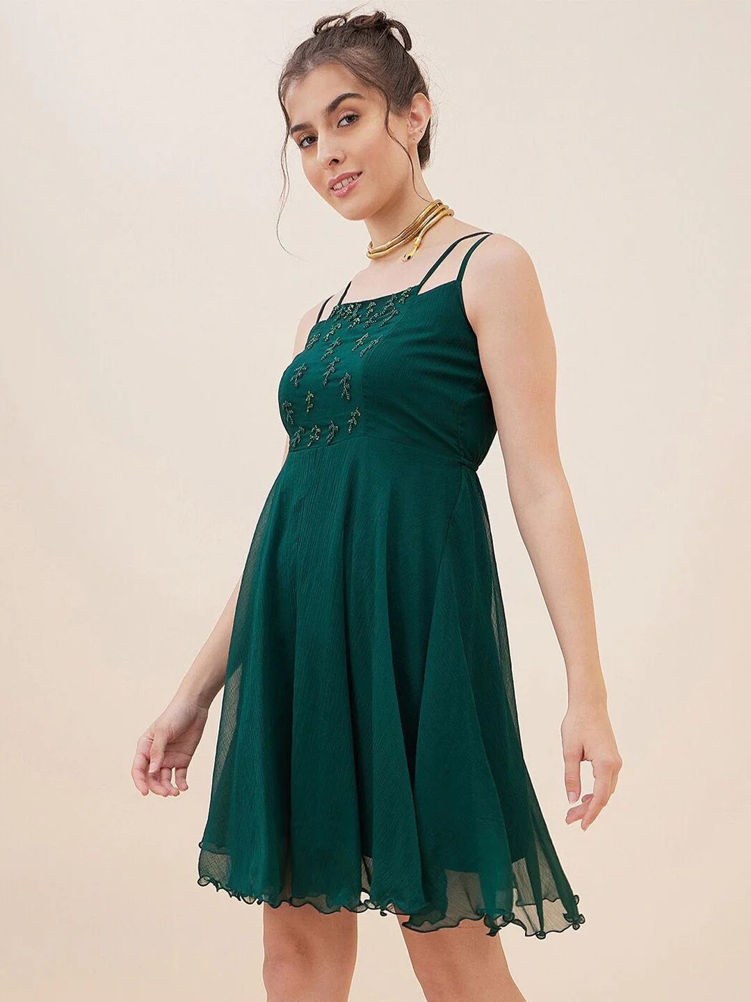 Antheaa Embellished Shoulder Straps Fit & Flare Above Knee Length Dress - Image 3