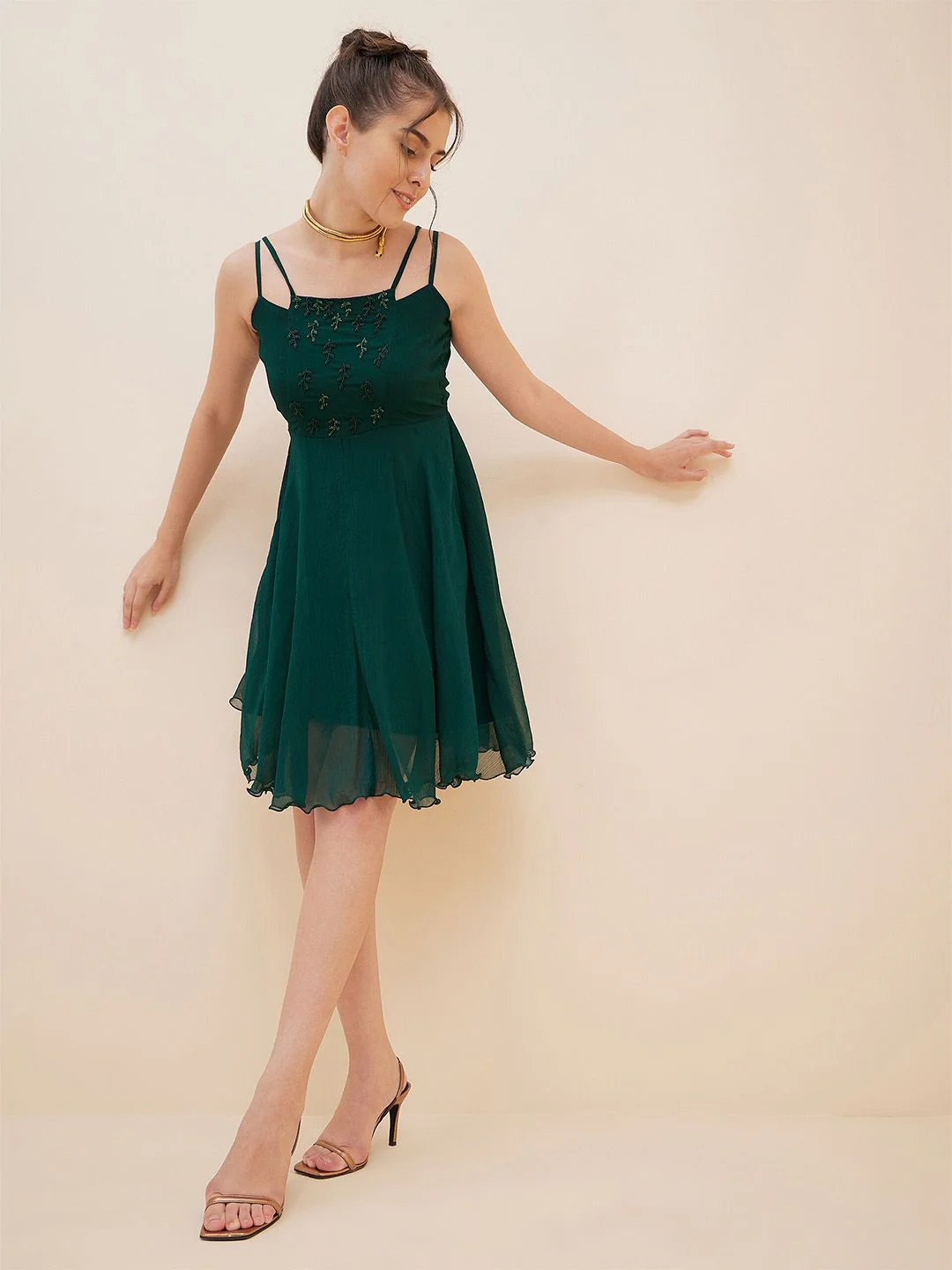 Antheaa Embellished Shoulder Straps Fit & Flare Above Knee Length Dress - Image 4