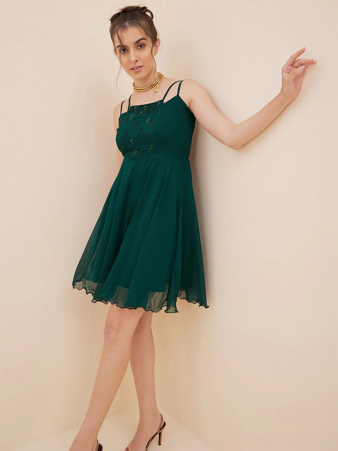 Antheaa Embellished Shoulder Straps Fit & Flare Above Knee Length Dress - Image 6