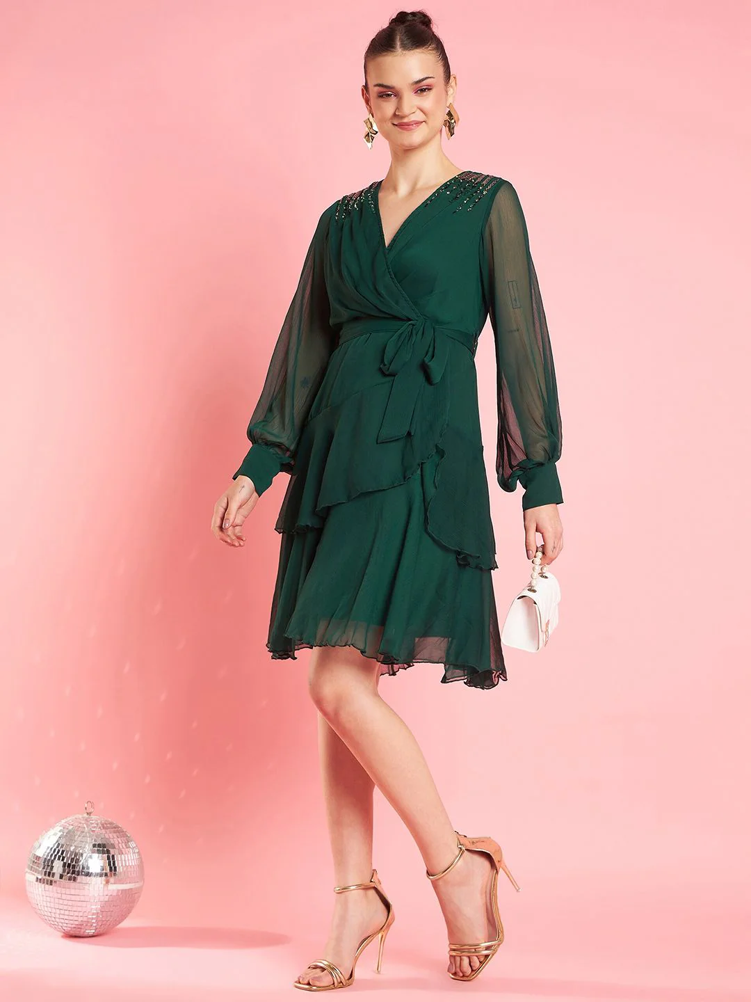 Antheaa Embellished Layered V-Neck Chiffon Fit & Flare Dress - Image 4