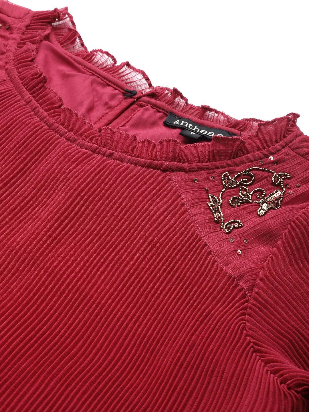 Antheaa Embellished Pleated Chiffon A-Line Top - Image 2