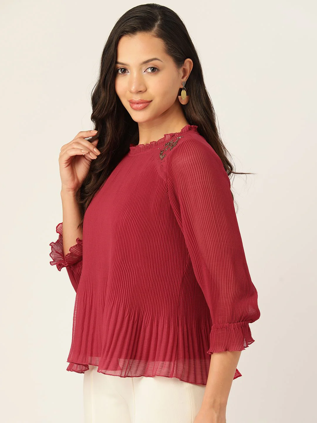 Antheaa Embellished Pleated Chiffon A-Line Top - Image 3