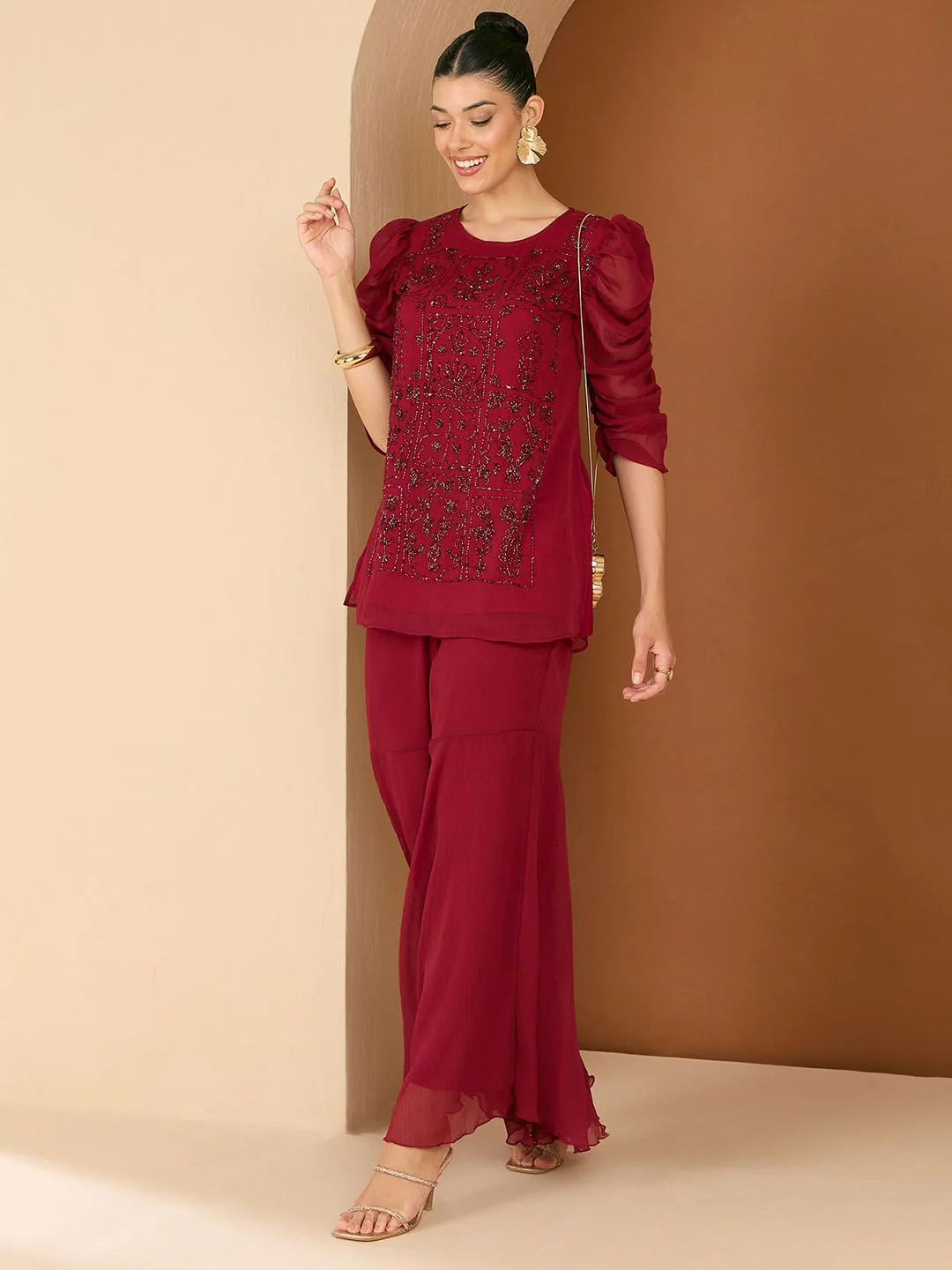 Antheaa Embellished Round Neck Top With Palazzo - Image 5
