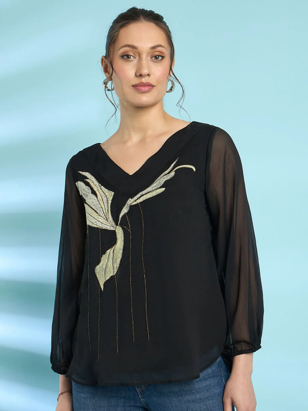 Antheaa Floral Embroidered V-Neck Regular Top - Image 2