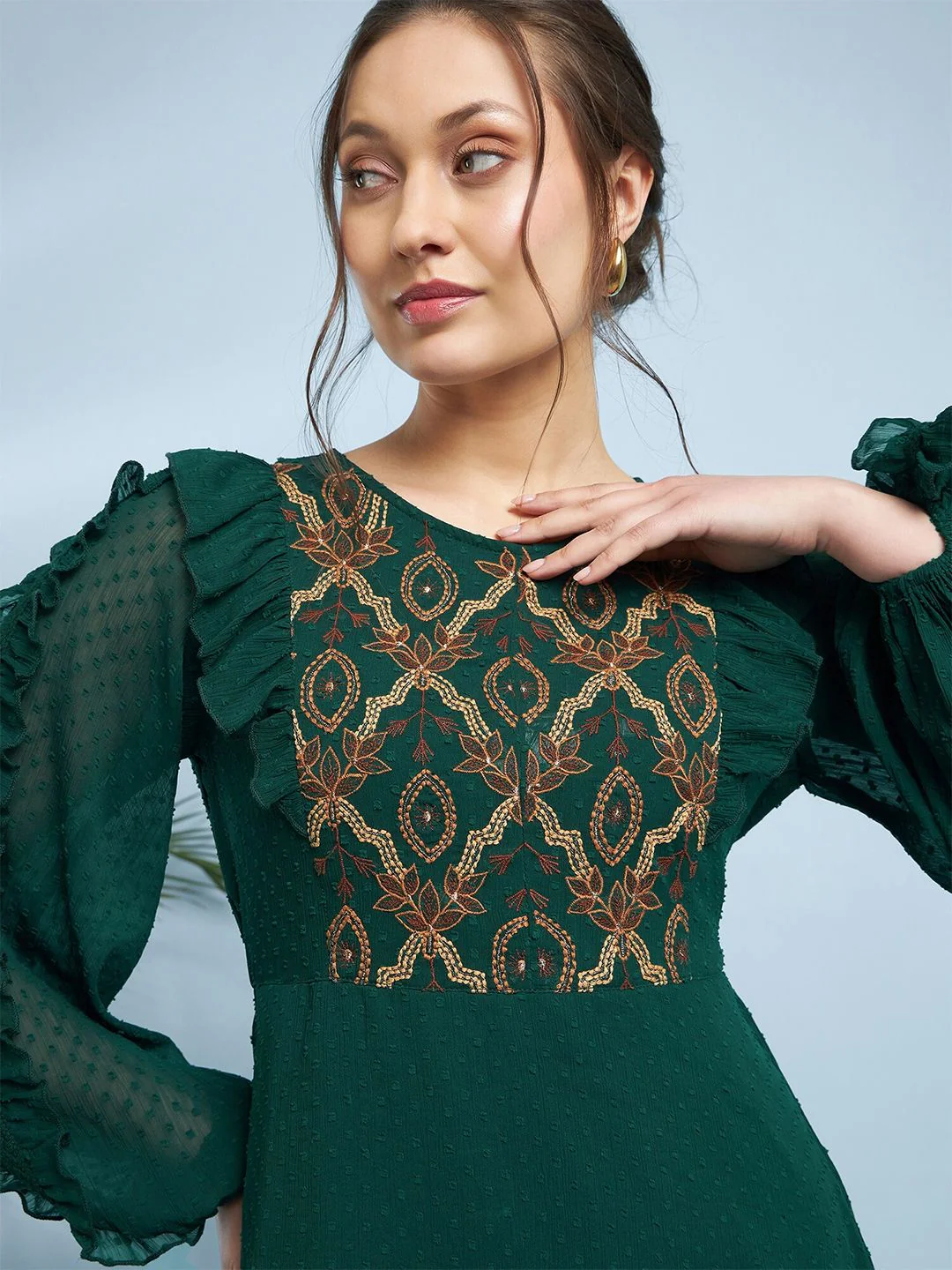 Antheaa Embroidered Puff Sleeve Fit & Flare Midi Dress - Image 2